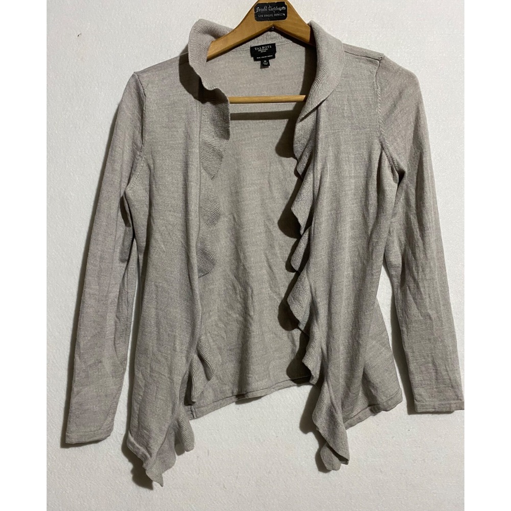 Talbots Gray‎ Merino Wool Cardigan Jacket Fringe Detail Womens MP Bohemian